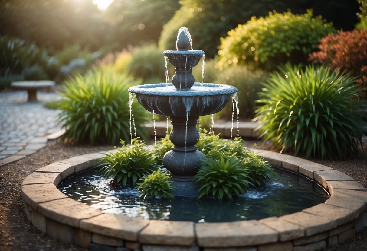 A colorful, bubbling fountain surrounded by textured plants and stepping stones in a serene garden setting