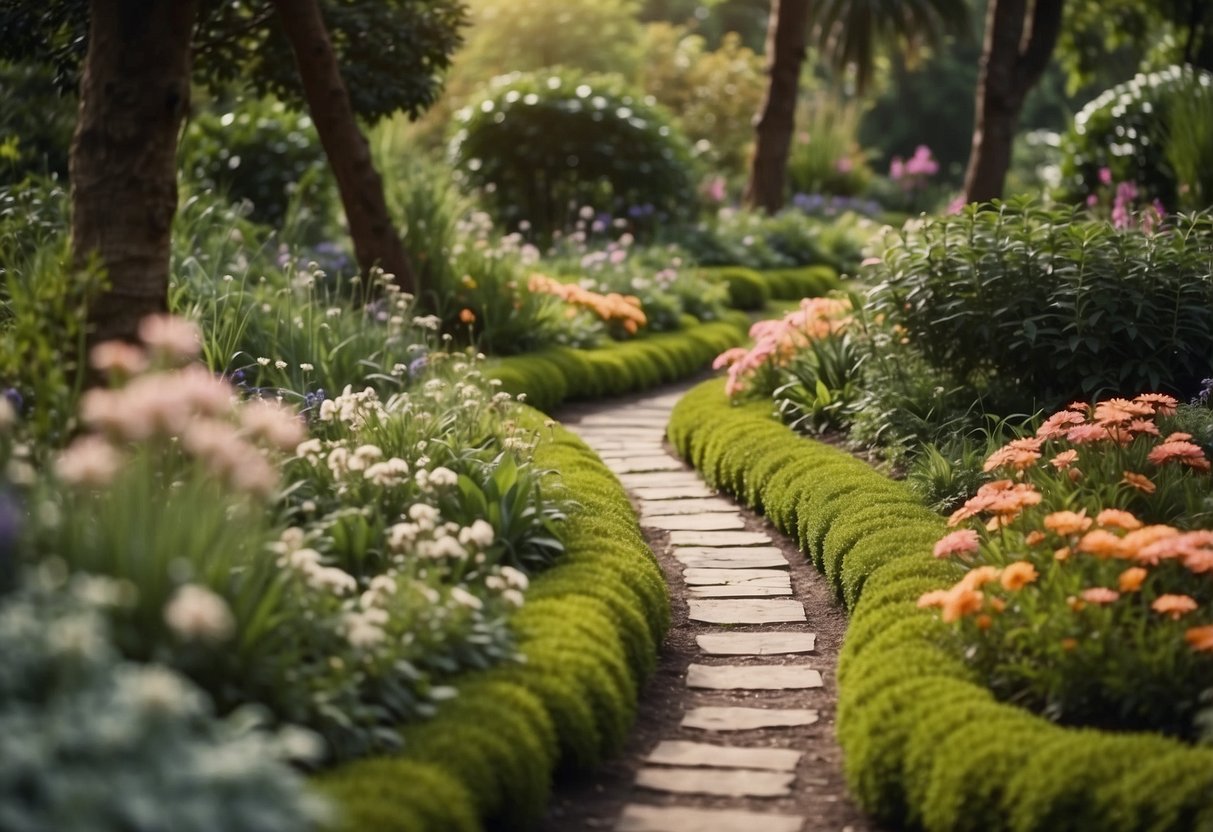 A winding path covered in soft, mossy ground leads through a tranquil garden, with vibrant flowers and textured plants lining the walkway