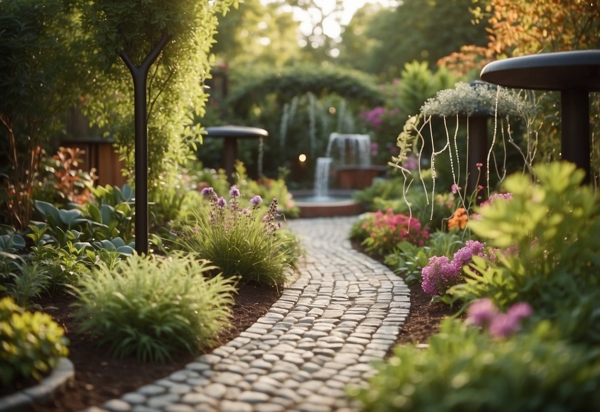 A colorful sensory garden with textured plants, wind chimes, and a bubbling fountain. A winding path leads to interactive stations for touch, smell, and sound