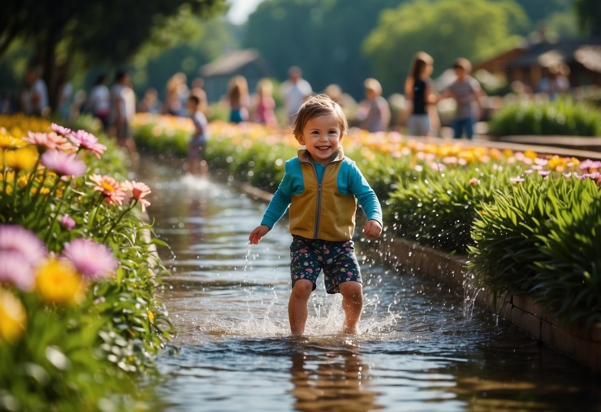 Children splashing in a shallow stream, surrounded by colorful water jets and fountains. Lush greenery and flowers line the edges, with stepping stones and wooden bridges adding to the natural, sensory experience