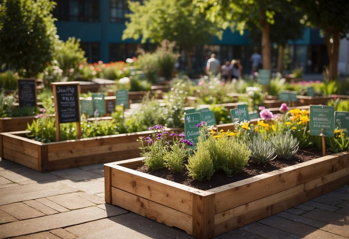 A variety of aromatic herbs and colorful flowers are arranged in raised beds, labeled with educational signs. A winding path leads through the garden, with benches for students to sit and explore