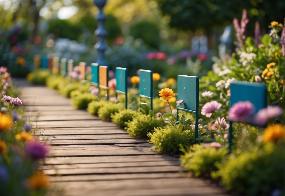 Colorful sound panels line a vibrant garden path, emitting soft tunes and soothing sounds. Surrounding greenery and flowers create a peaceful, sensory experience for school children