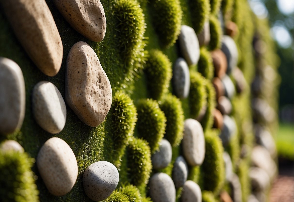 The textured walls of the sensory garden feature a variety of tactile elements such as rough stones, smooth pebbles, and soft moss, creating a stimulating environment for students