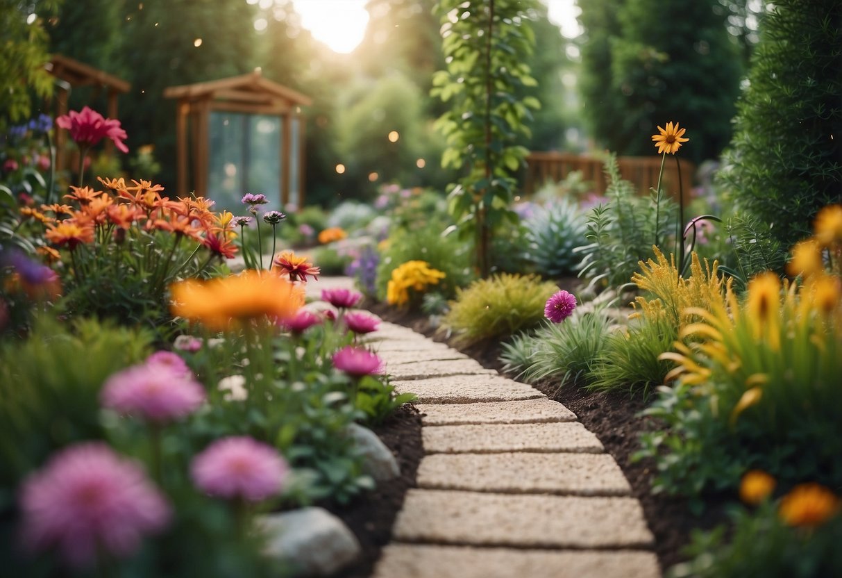 A colorful sensory garden with sand pits, textured pathways, and interactive elements like wind chimes and water features. Various plants and flowers provide visual and aromatic stimulation