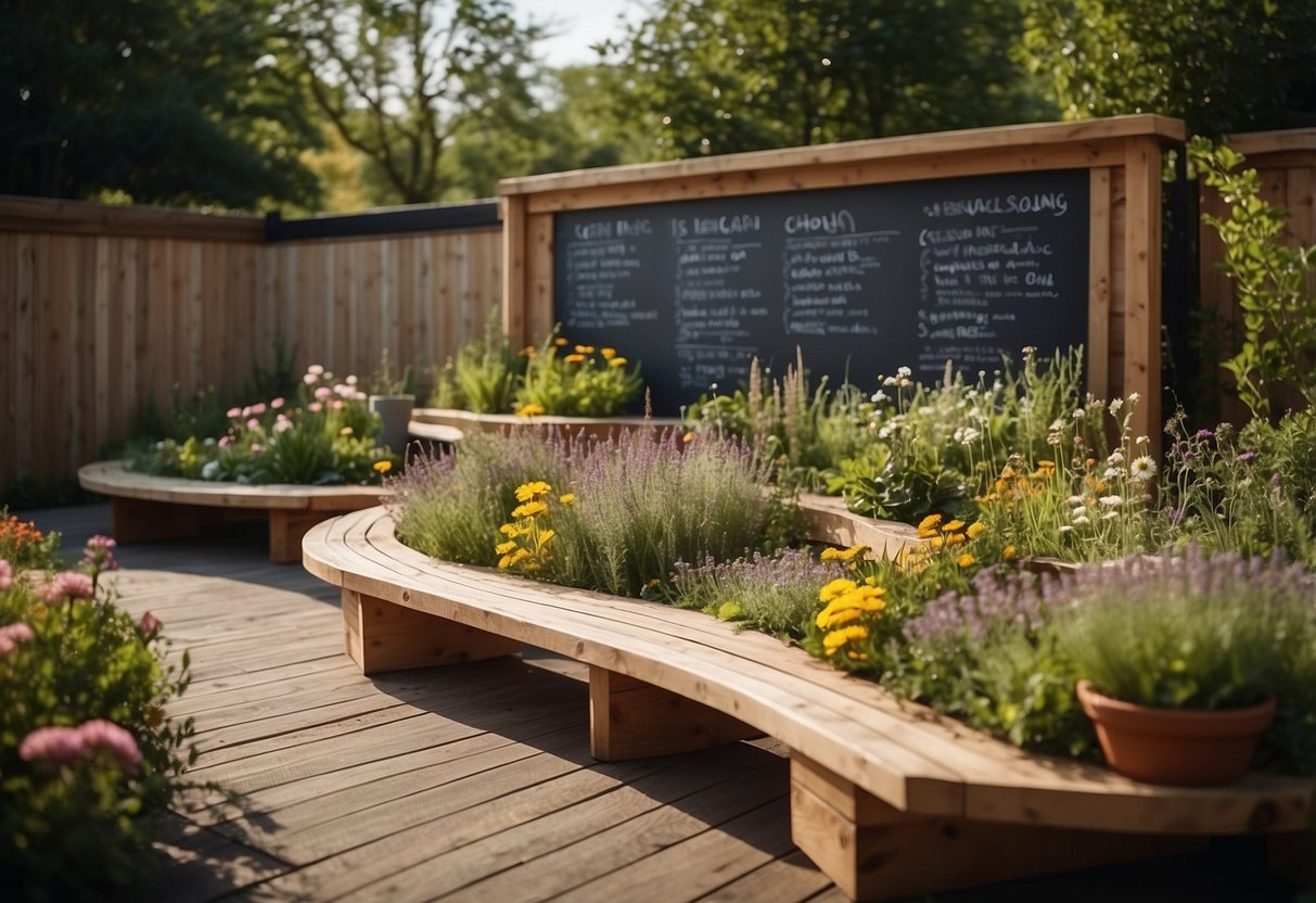 A colorful outdoor classroom with raised beds, herbs, and flowers. A winding path leads to a seating area with a wooden bench and a chalkboard for lessons