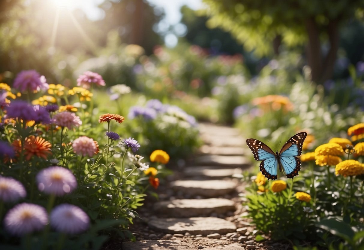 A vibrant garden with colorful flowers, winding paths, and fluttering butterflies. A peaceful and inviting space for children to explore and engage their senses