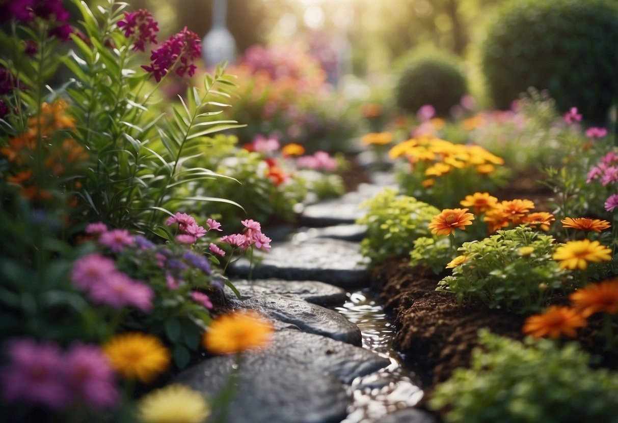 A colorful sensory garden with various textures, scents, and sounds. Vibrant flowers, rustling leaves, and trickling water create a stimulating environment for all senses