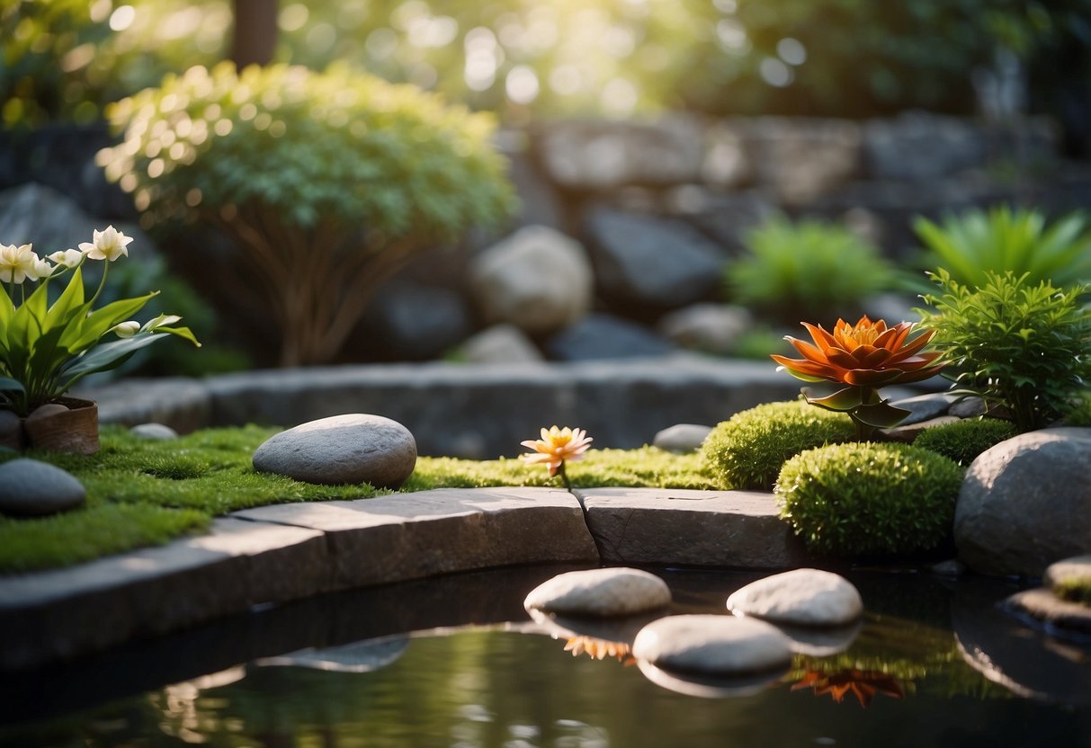 A serene Zen garden corner with lush greenery, a tranquil koi pond, and carefully placed stones for meditation and relaxation