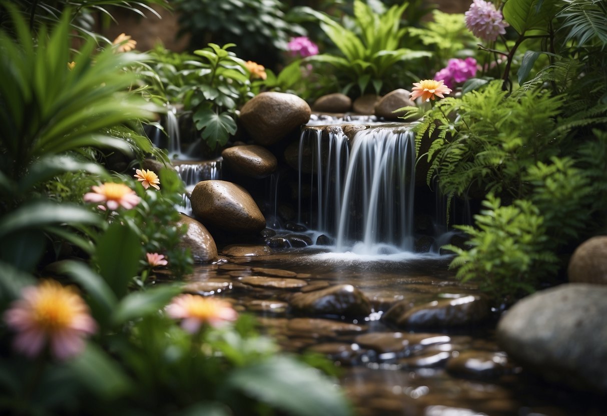 A serene miniature waterfall cascades in a lush, luxury small garden setting, surrounded by vibrant greenery and delicate flowers