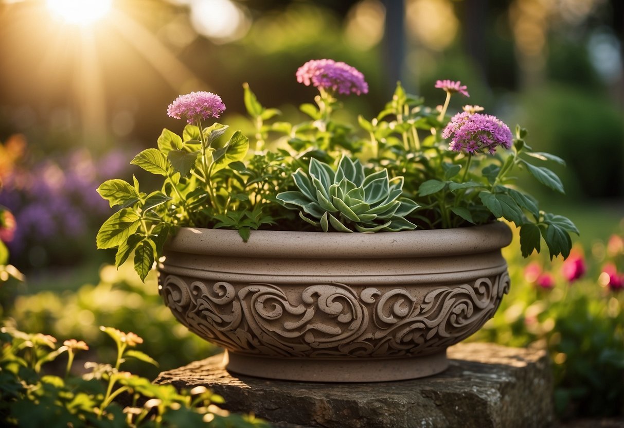 A small herb spiral planter sits in a lush garden, surrounded by vibrant flowers and greenery. The sun shines down, casting a warm glow on the intricate design of the planter