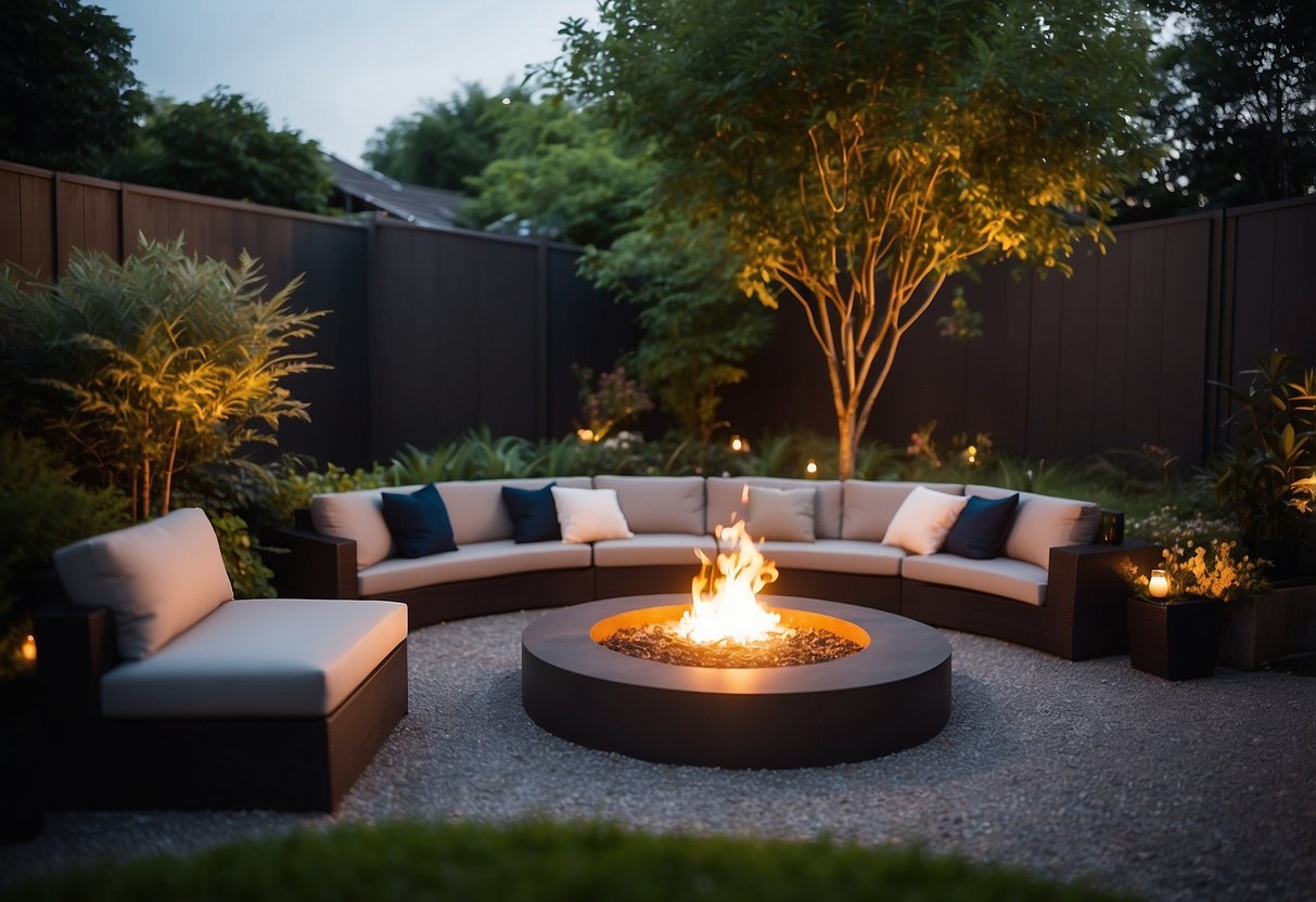 A modern firepit surrounded by cozy seating in a small, elegant garden with lush greenery and ambient lighting