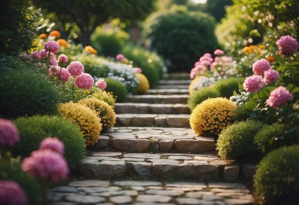 An elegant stone pathway winds through a luxurious small garden, surrounded by vibrant flowers and lush greenery