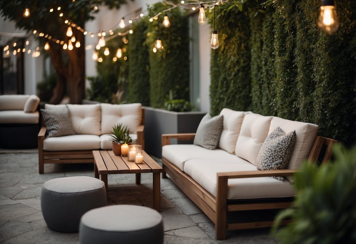 A cozy, modern outdoor seating area with plush cushions and stylish furniture, surrounded by lush greenery and elegant lighting