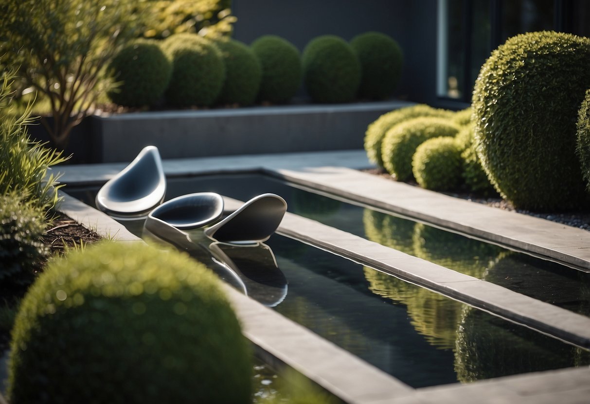 A small, modern garden with sleek sculptures, clean lines, and luxurious materials