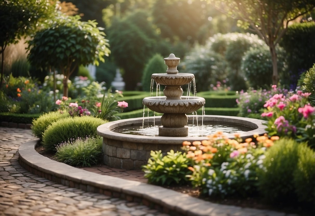 A small garden with a tranquil water fountain surrounded by lush greenery and colorful flowers, creating a peaceful and luxurious atmosphere