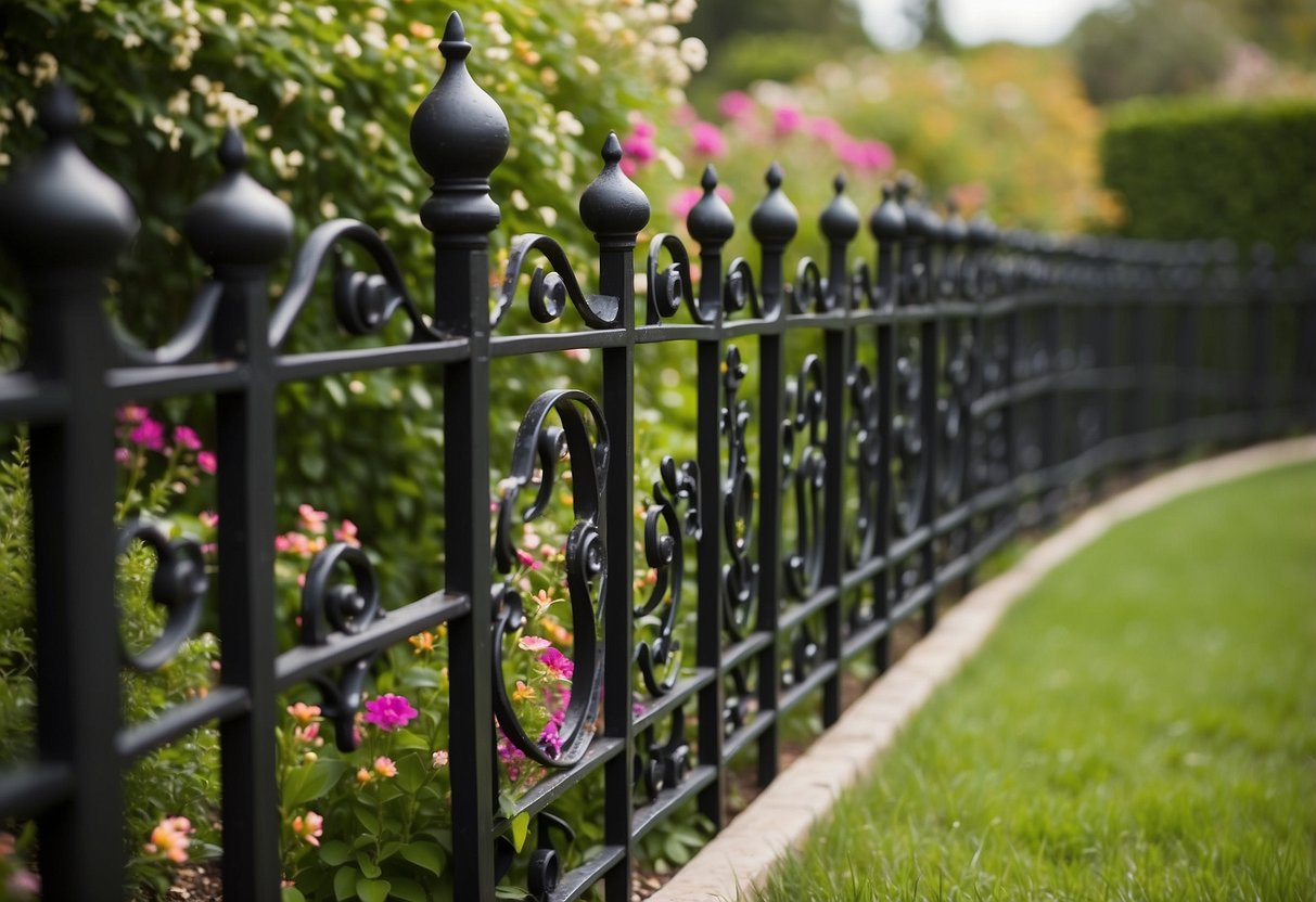 A black wrought iron garden fence encloses a lush garden, with blooming flowers and winding vines