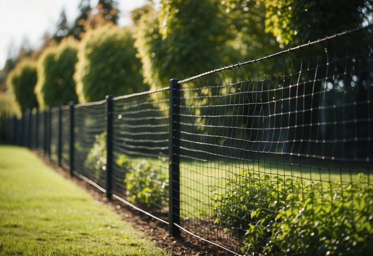 A black gabion wall fence surrounds a garden, with lush greenery peeking through the wire mesh. The fence creates a modern and stylish boundary for the outdoor space