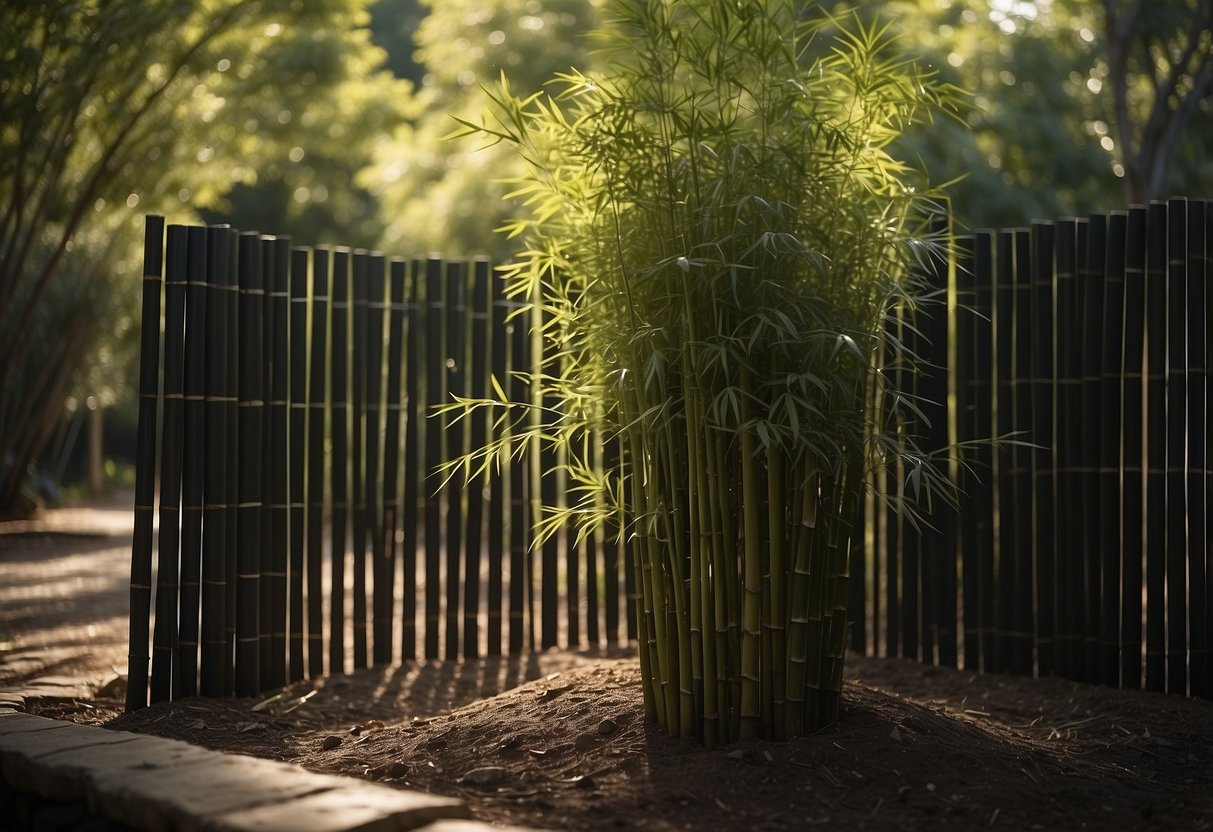 A black bamboo privacy fence surrounds a tranquil garden, creating a sense of seclusion and intimacy. Tall, slender bamboo stalks stand in perfect alignment, casting elegant shadows on the ground