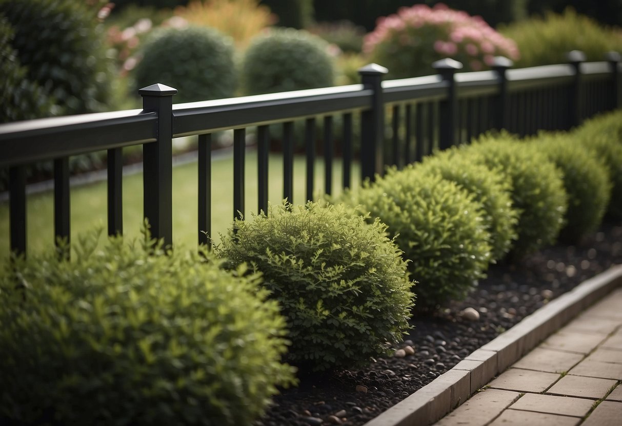 A sleek black vinyl fence surrounds a well-manicured garden, creating a modern and elegant outdoor space