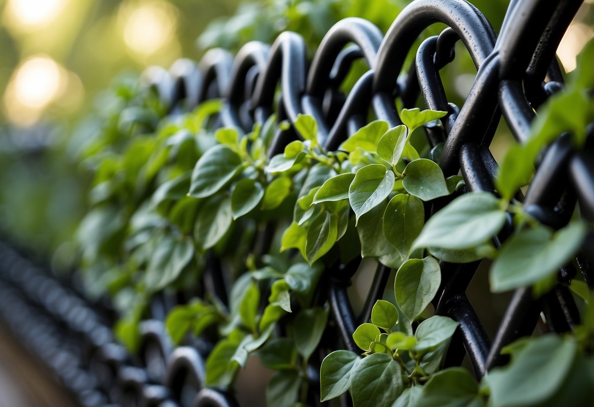 A black chain link fence is covered in vibrant green ivy, creating a beautiful contrast in the garden setting