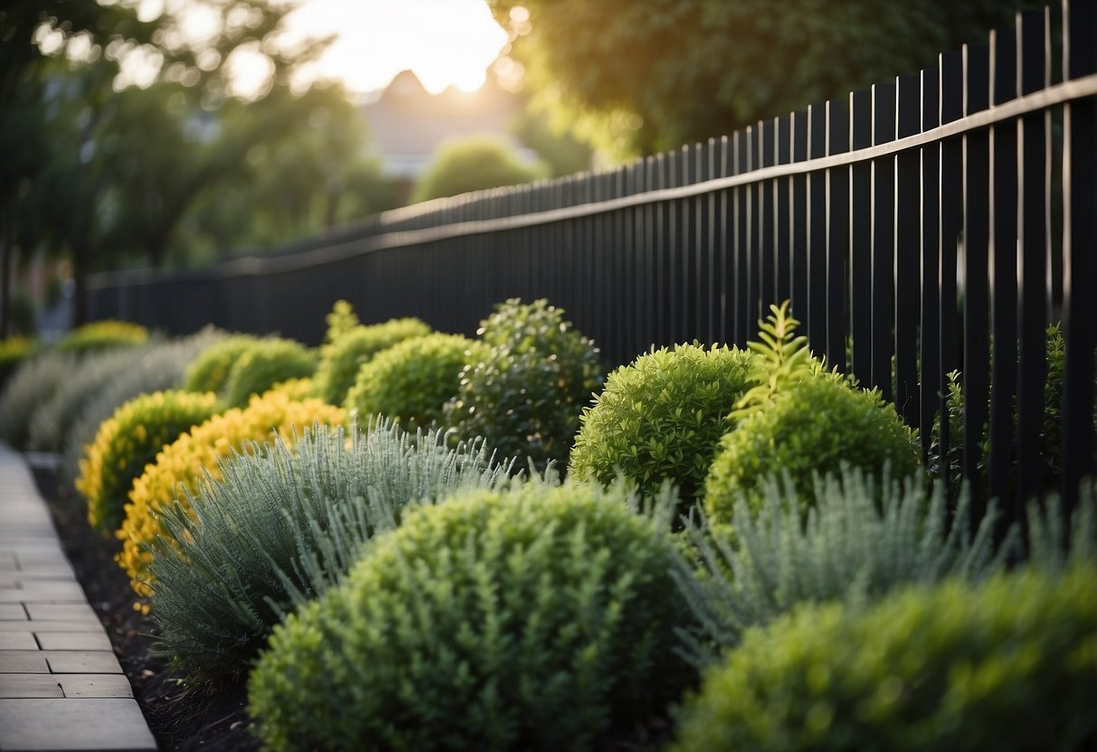 A black steel panel fence surrounds a lush garden, creating a modern and sleek aesthetic