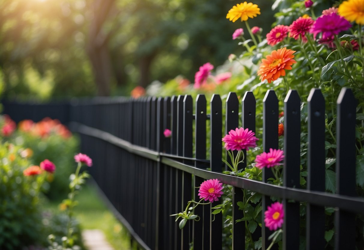 A black garden fence surrounds a lush green garden, with colorful flowers and plants peeking through the slats. The fence is sturdy and sleek, adding a modern touch to the outdoor space