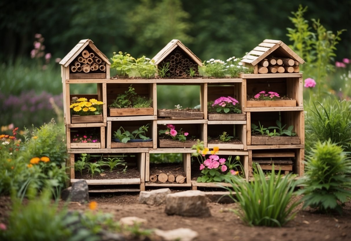 A bug hotel made of stacked wooden pallets, filled with twigs, leaves, and small logs. Surrounding the hotel are colorful flowers, a small pond, and a variety of plants and bushes