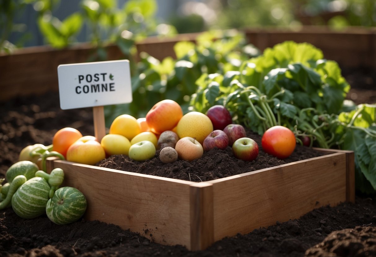 A small garden plot with a variety of fruits and vegetables, surrounded by a wooden compost bin. A group of worms can be seen wriggling in the compost, with a sign nearby explaining the process