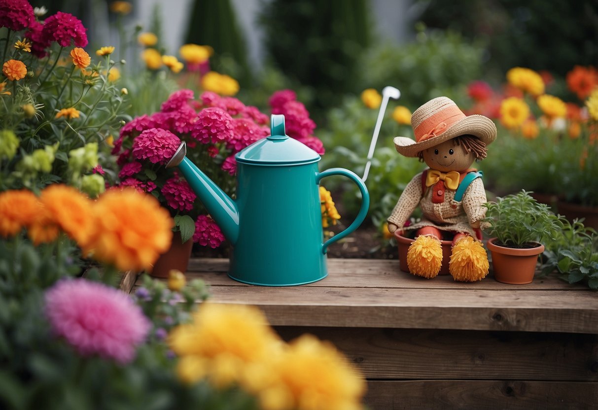 A vibrant garden filled with colorful flowers, easy-to-reach raised beds, and child-sized gardening tools. A small watering can sits next to a whimsical scarecrow, inviting young gardeners to explore and learn