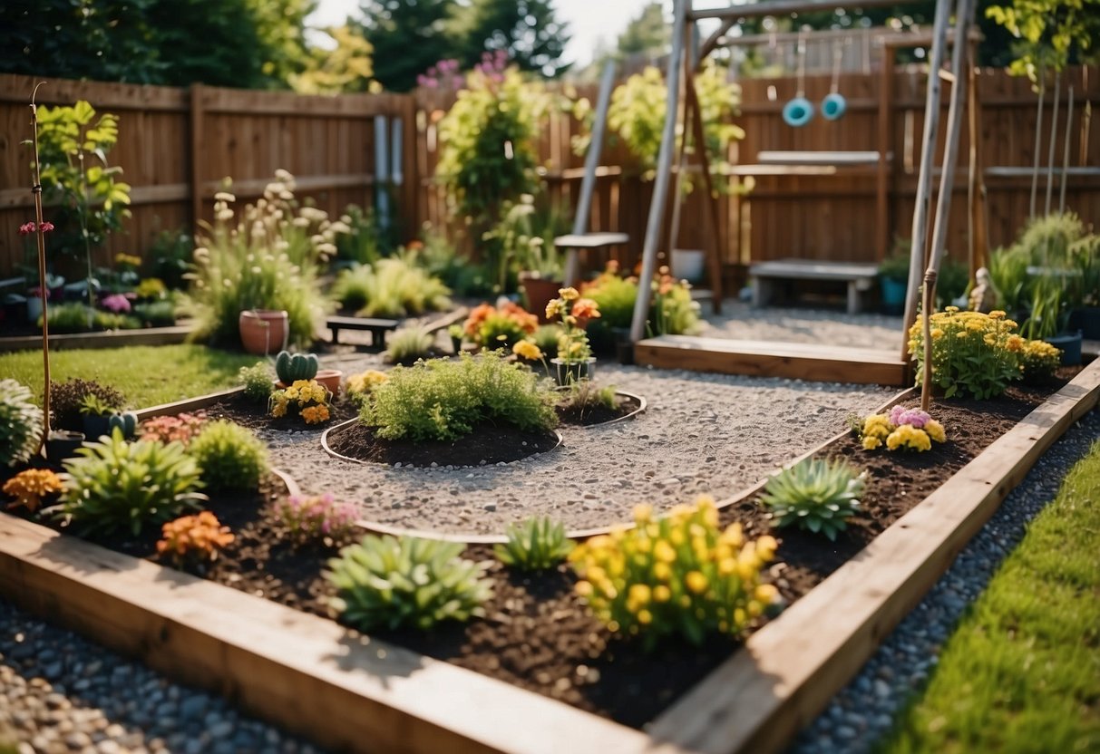 A colorful, well-organized garden with raised beds, stepping stones, and a variety of plants. A small play area with a swing set and sandbox is nestled in the corner