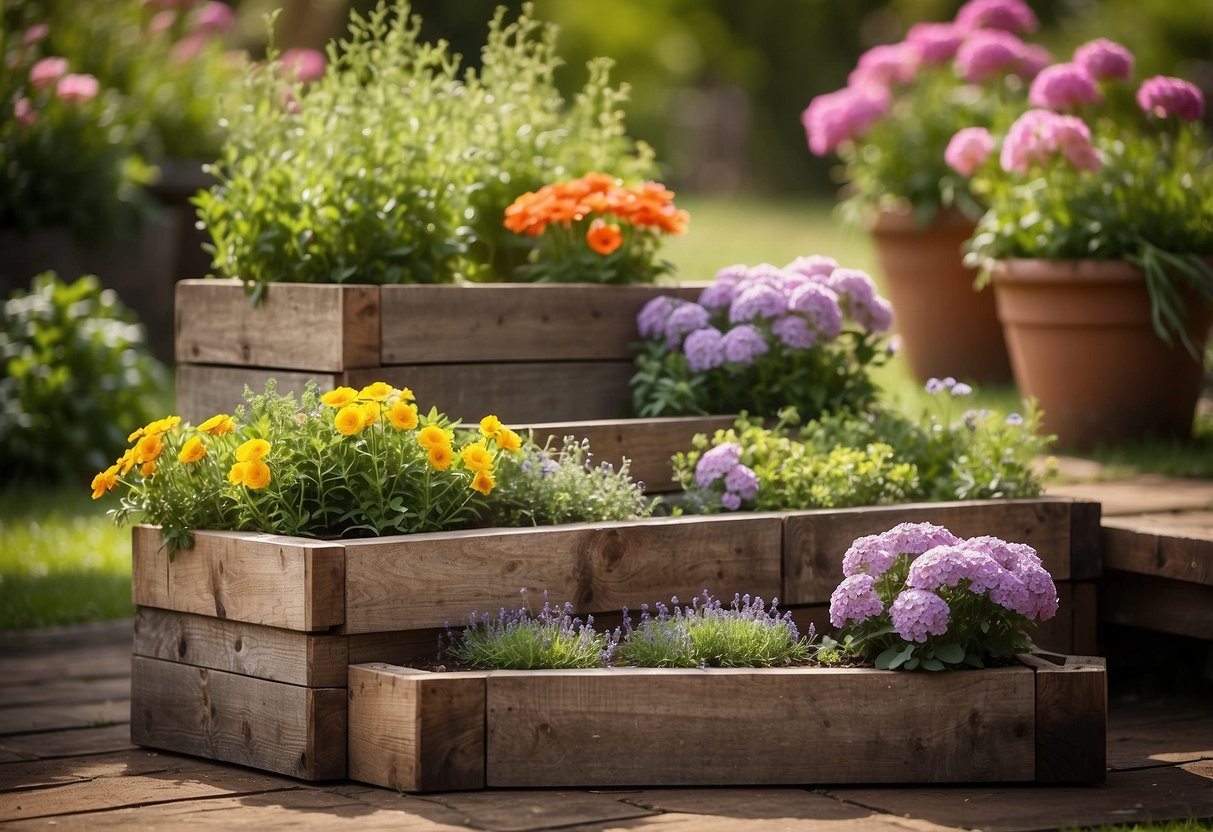 Three tiered planters made from small garden sleepers, filled with colorful flowers and herbs, arranged in a sunny corner of a backyard