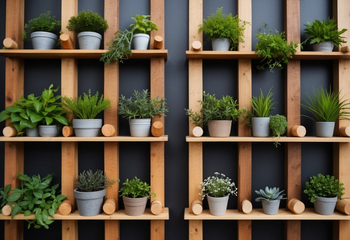 Several small wooden garden sleepers are arranged vertically, each containing a variety of hanging herb plants. The garden is filled with vibrant greenery and fragrant herbs