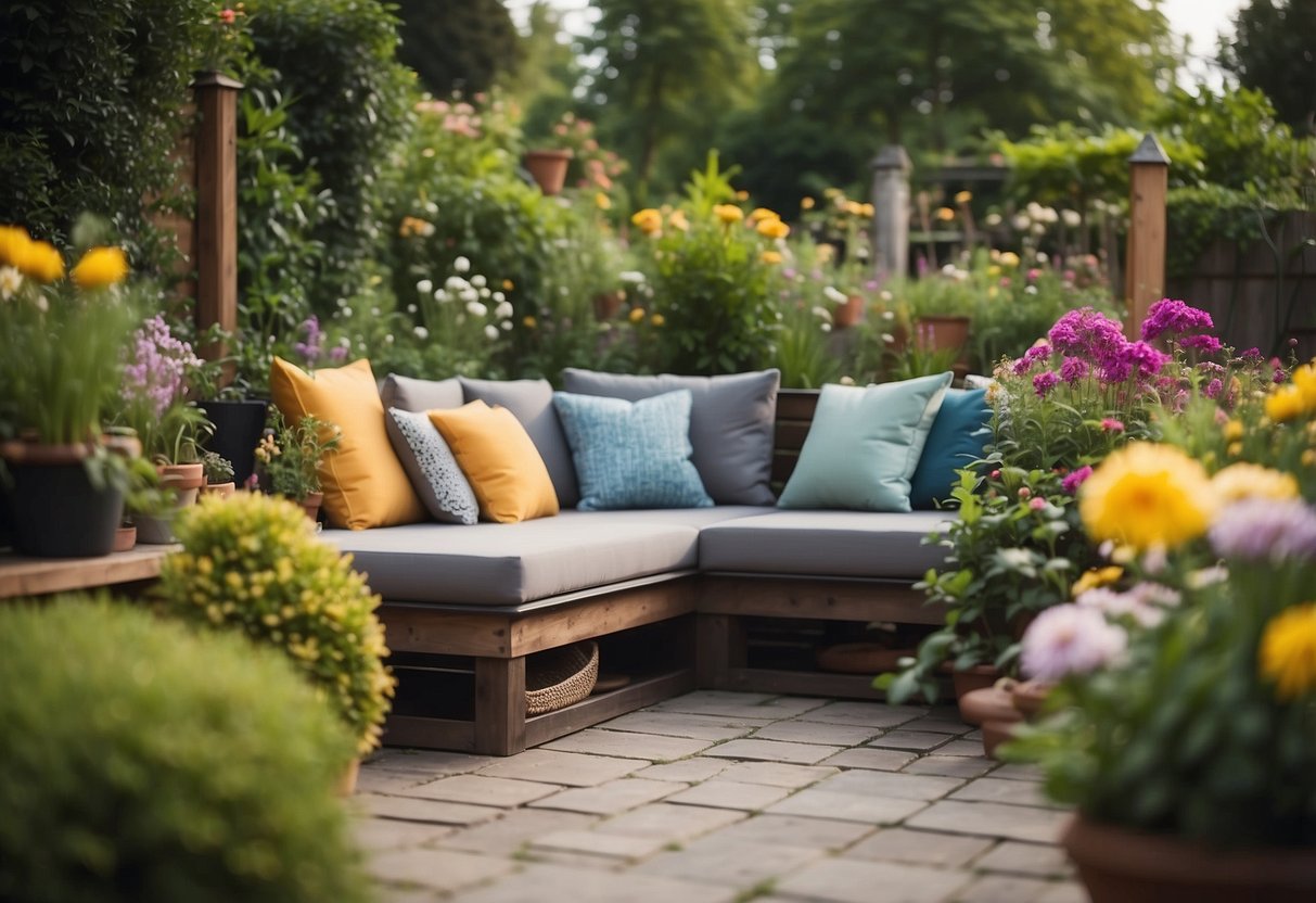 A cozy seating area with compact garden furniture nestled among small garden sleepers, surrounded by lush greenery and colorful flowers