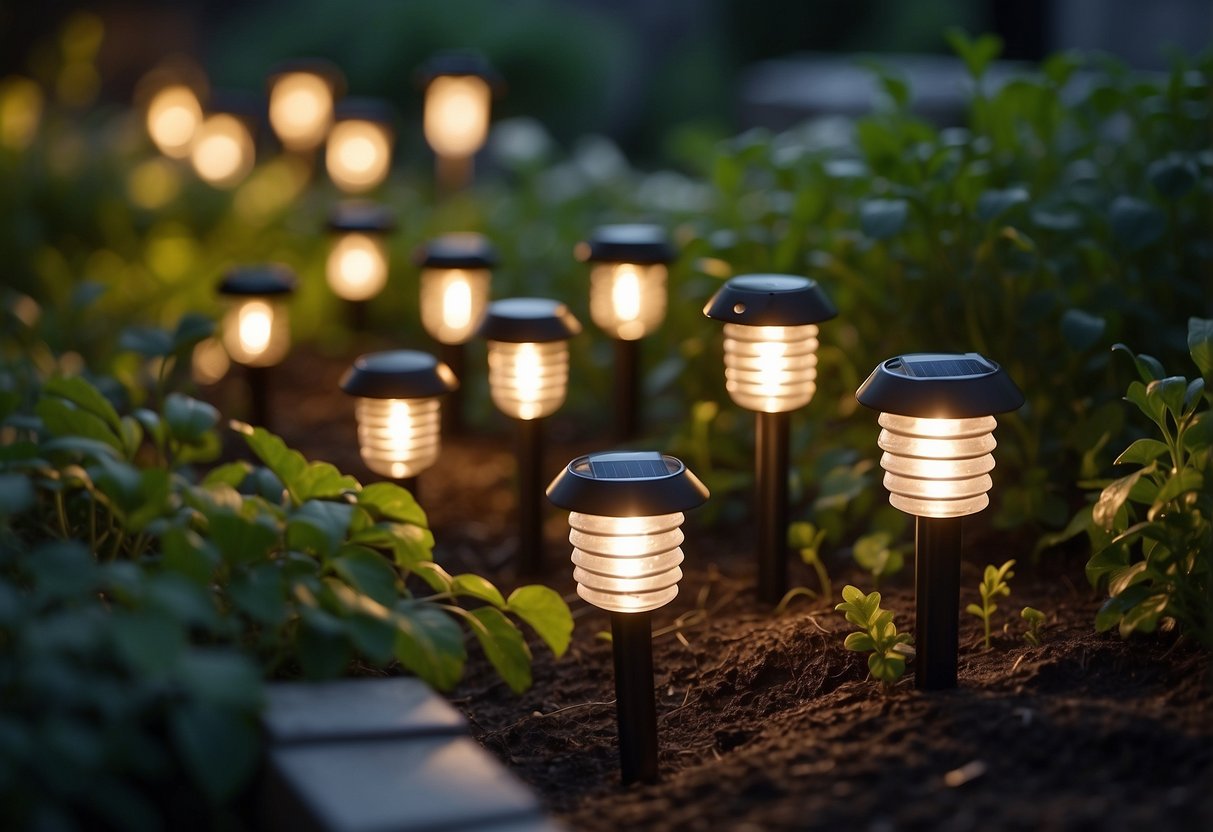 A small garden with solar garden lights illuminating the pathway, surrounded by creatively arranged garden sleepers