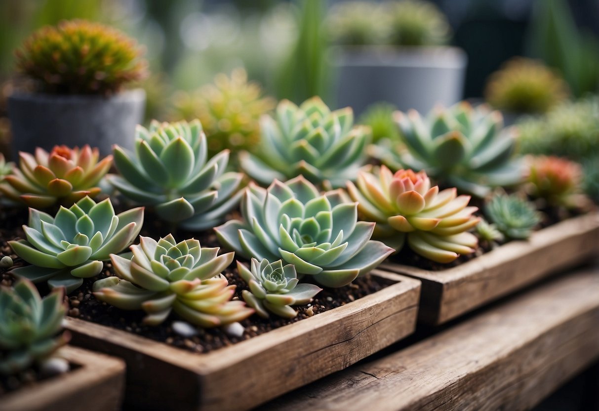 A cozy garden with small succulent plants nestled in wooden sleepers