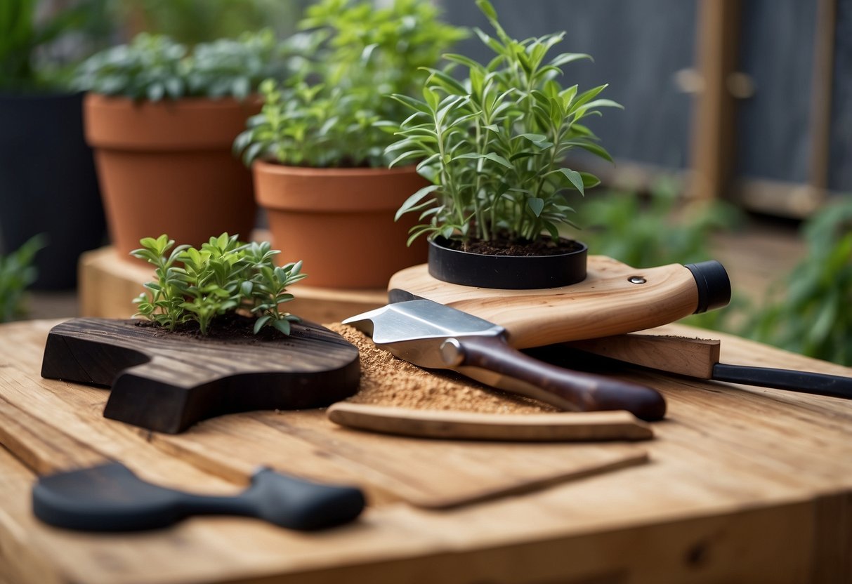 A wooden garden sleeper being sanded and oiled, surrounded by potted plants and gardening tools