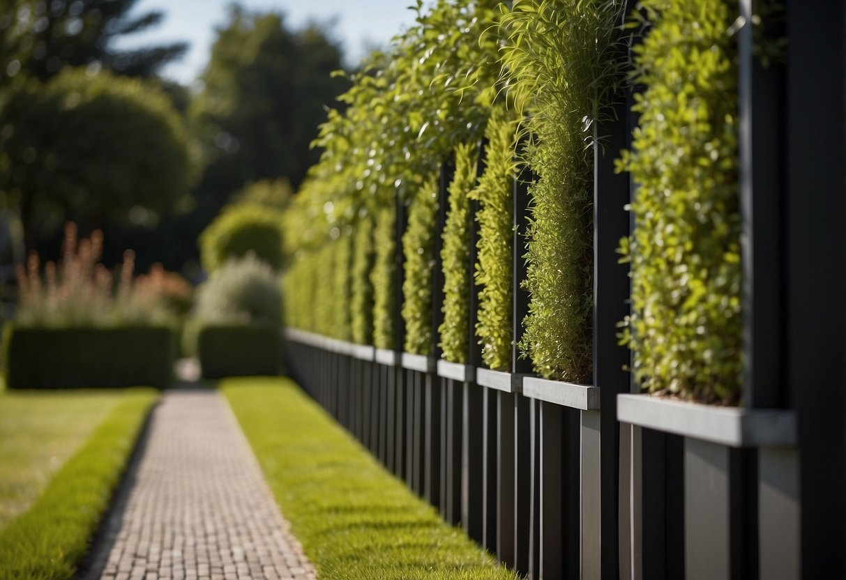 A row of vertical wall planters adorns a small front garden, leading to a driveway. Ideas for creative landscaping and greenery