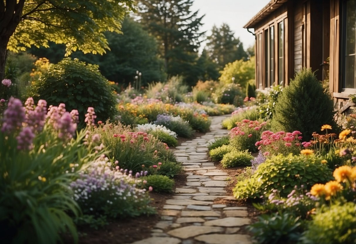 A rustic stone pathway winds through a small front garden, leading to a driveway. The pathway is bordered by colorful flowers and lush greenery, creating a charming and welcoming entrance to the home