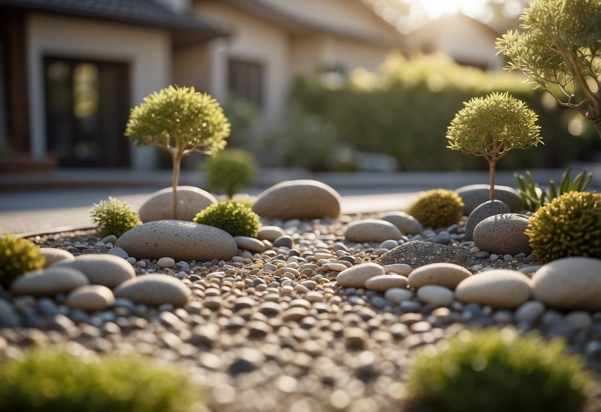 A small zen garden with rocks, sand, and a miniature rake sits in a peaceful front garden next to a neatly designed driveway