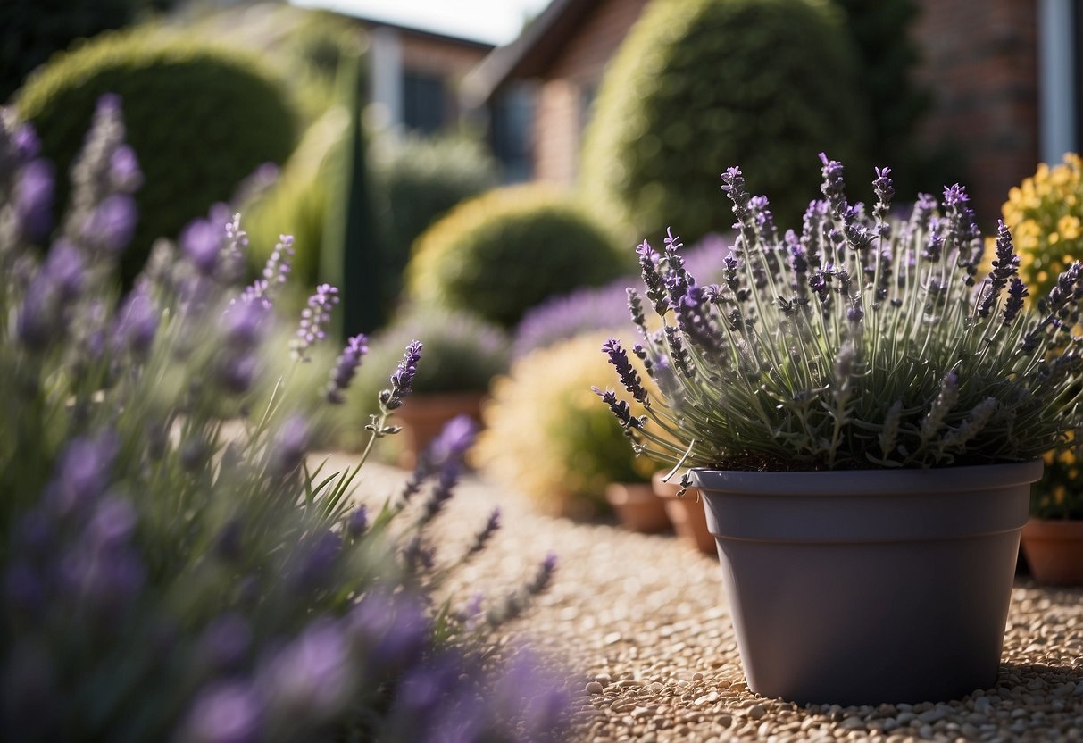 A small front garden with potted lavender lining a gravel driveway