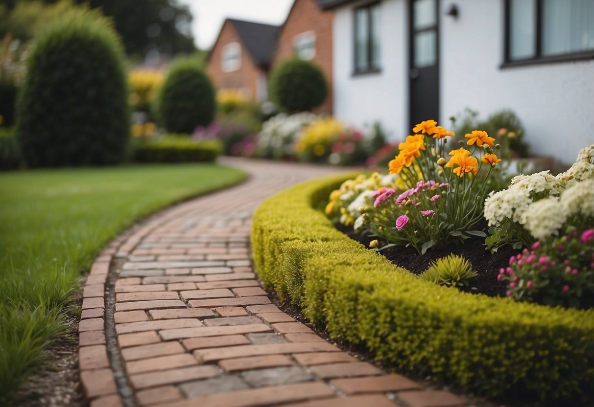 A brick driveway curves around a small front garden, with neatly trimmed edges and vibrant flowers lining the path