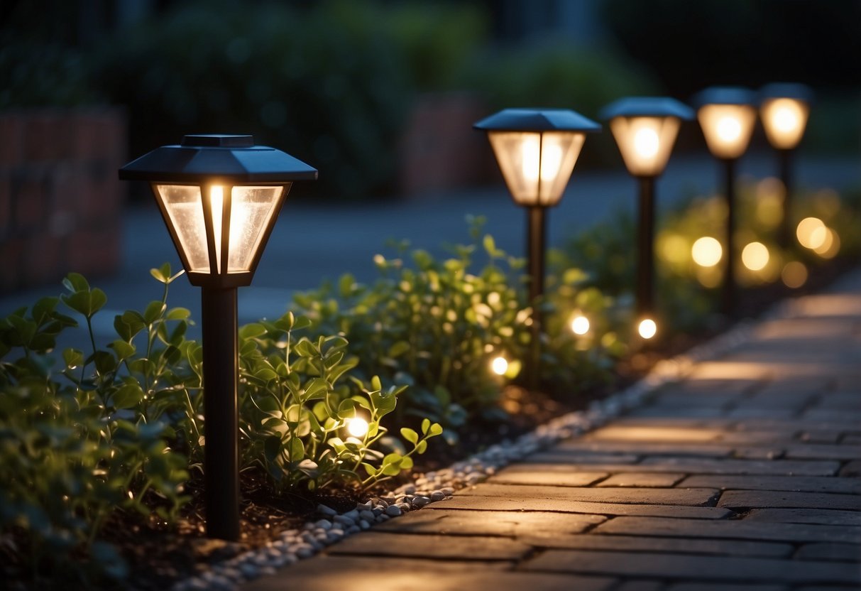 Small front garden with solar garden lights lining the driveway, creating a warm and inviting atmosphere