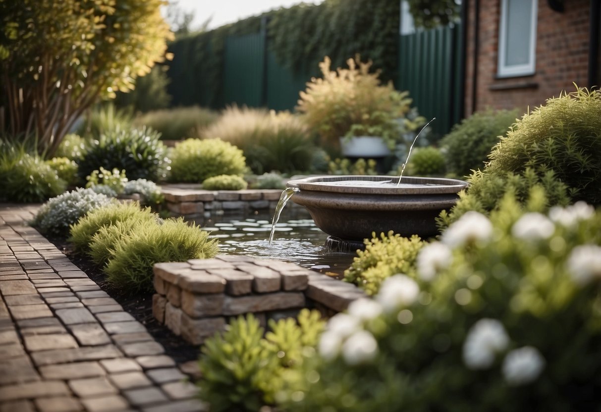 A small front garden with a compact water feature and a driveway