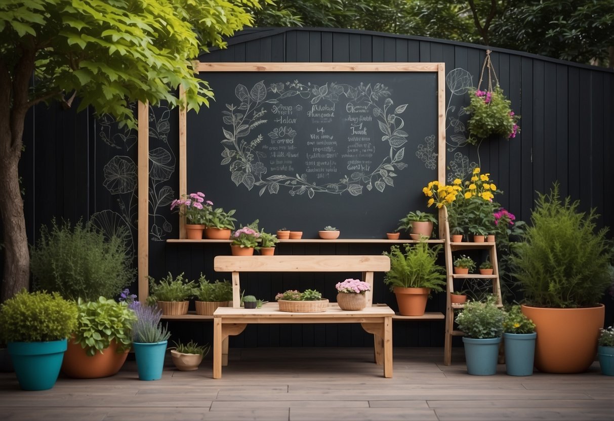 A colorful outdoor chalkboard wall with playful garden designs for all ages