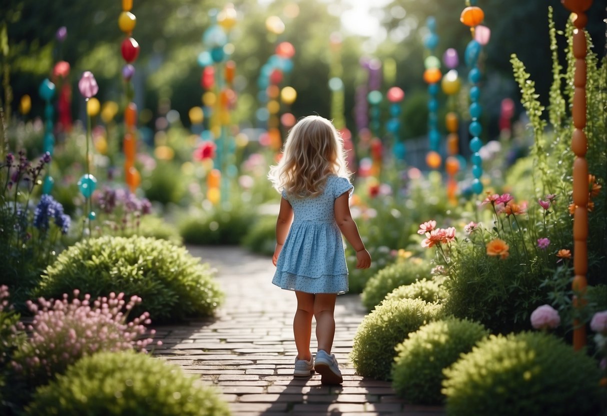 Children explore a garden with textured paths, colorful plants, and interactive sensory elements like wind chimes and water features