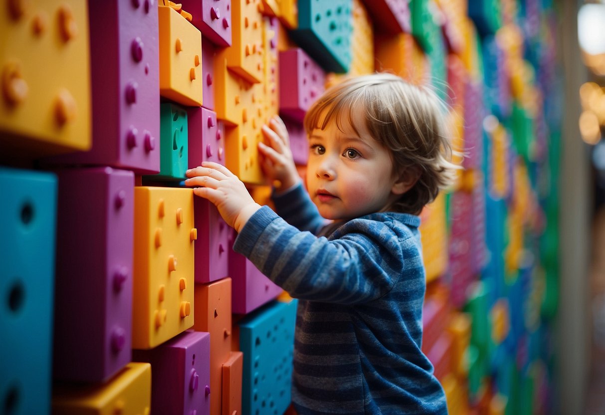 Vibrant colors and textures cover the sensory wall. Children explore with their senses, touching, feeling, and experiencing the different elements