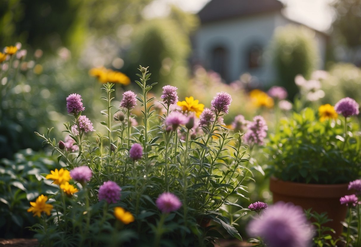 A colorful array of aromatic herbs fills the garden, with vibrant blooms and textured foliage. A gentle breeze carries the sweet scents, inviting children to explore and engage their senses