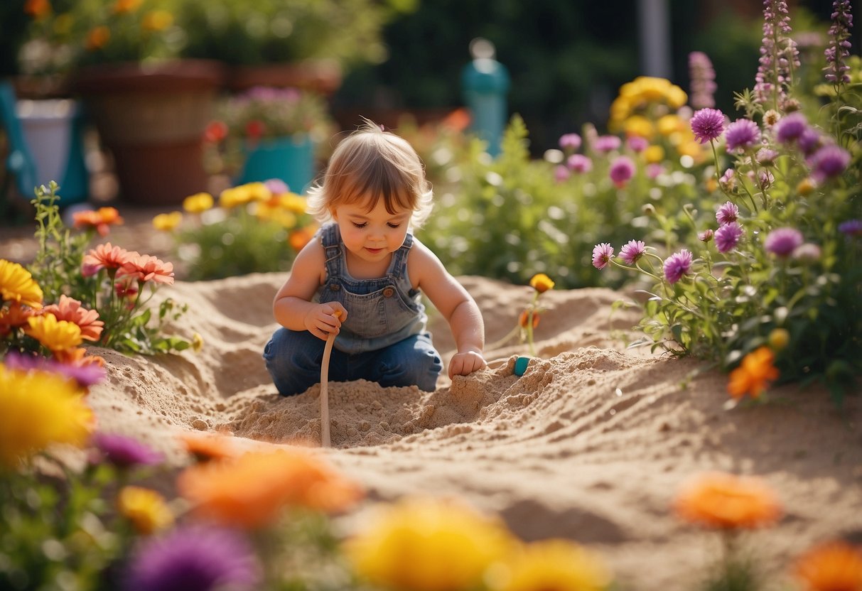 Children playing in a sensory sand pit surrounded by vibrant flowers, wind chimes, and textured pathways in a colorful garden