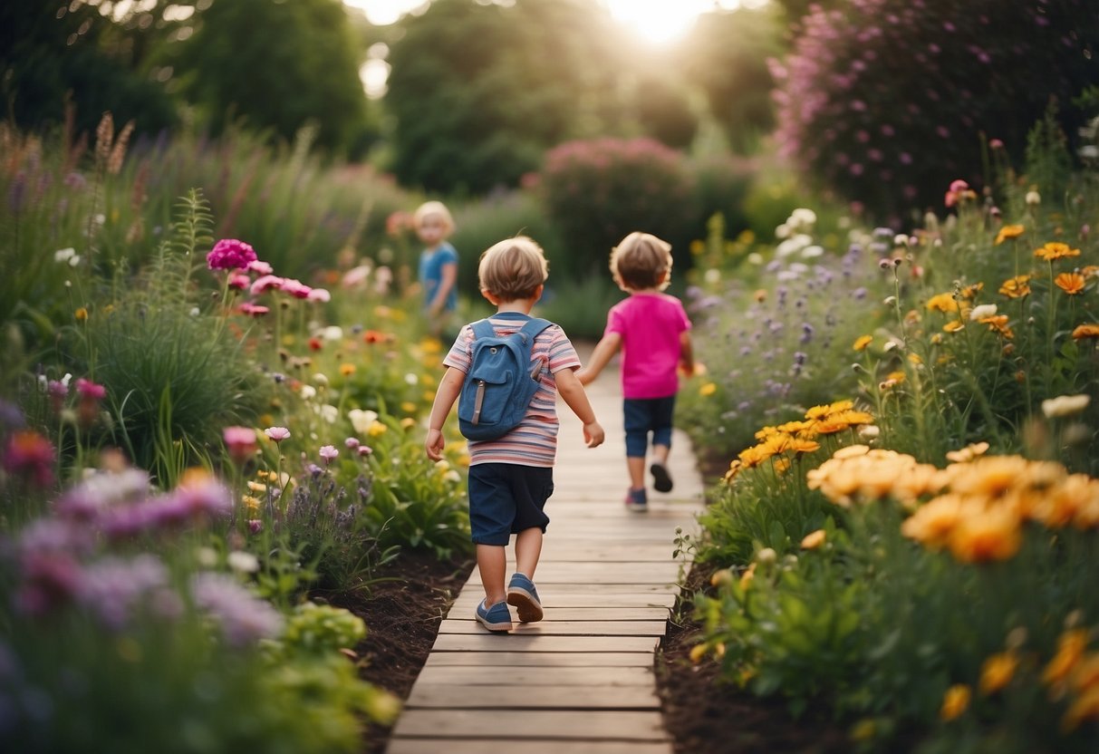 Children exploring a garden filled with vibrant flowers, textured plants, and fragrant herbs. A pathway winds through the space, leading to interactive stations for touching, smelling, and tasting