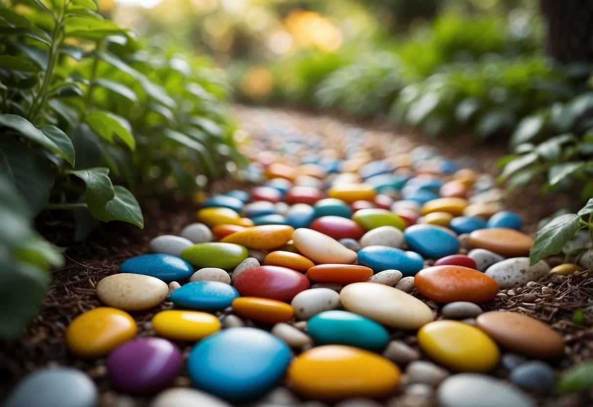 A winding path of brightly colored pebbles weaves through a garden, inviting children to explore and engage their senses